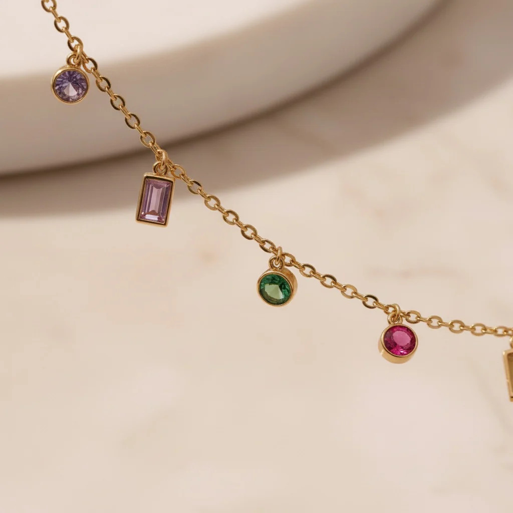 Rainbow Gemstone Choker Necklace | Multicolor CZ Baguette & Round Charm | Gold