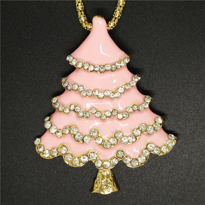 Hot Fashion Women Pink Enamel Christmas Tree Crystal Pendant Chain Necklace