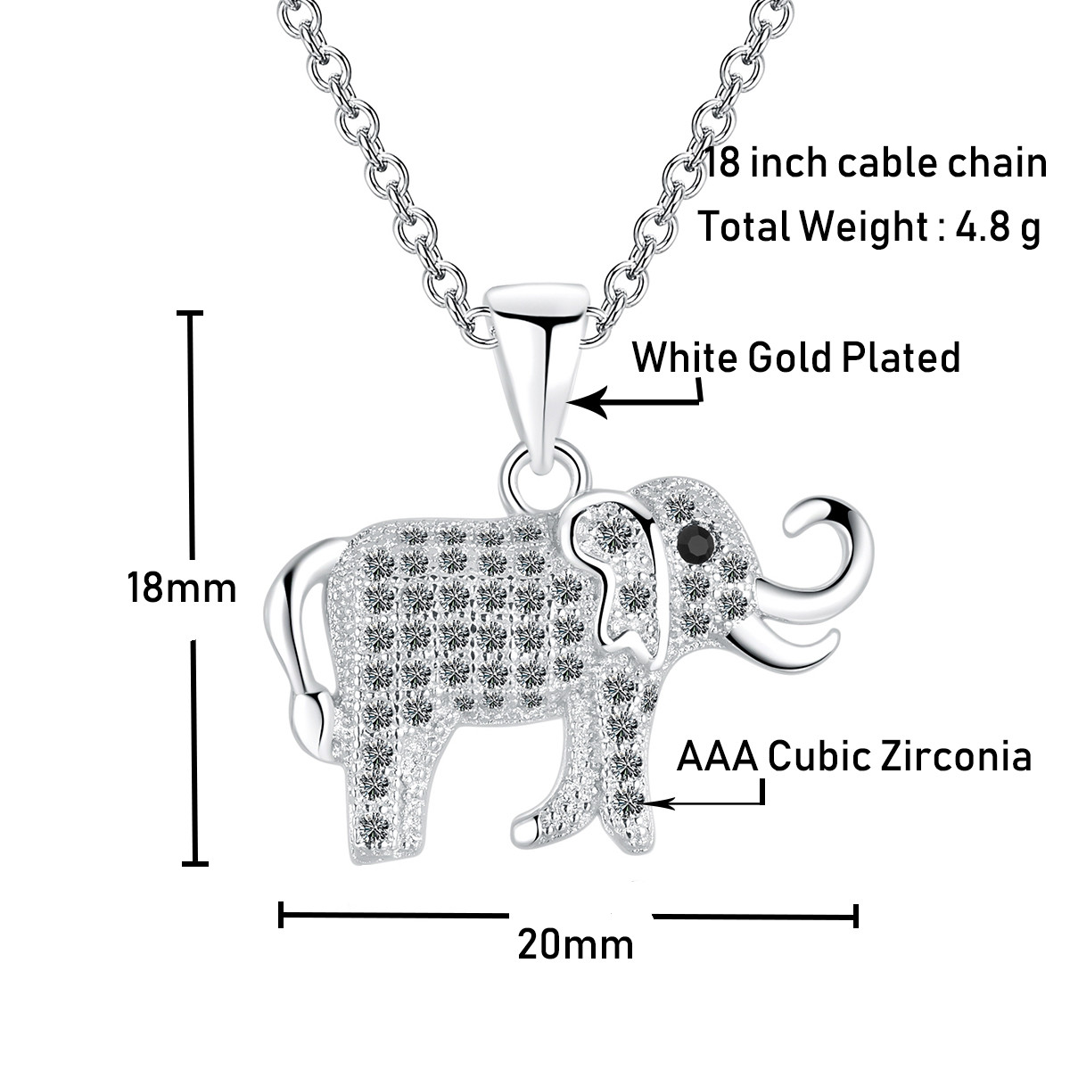 Elephant Necklace 14k White Gold Plated Round Cut CZ Crystal Necklace for Women