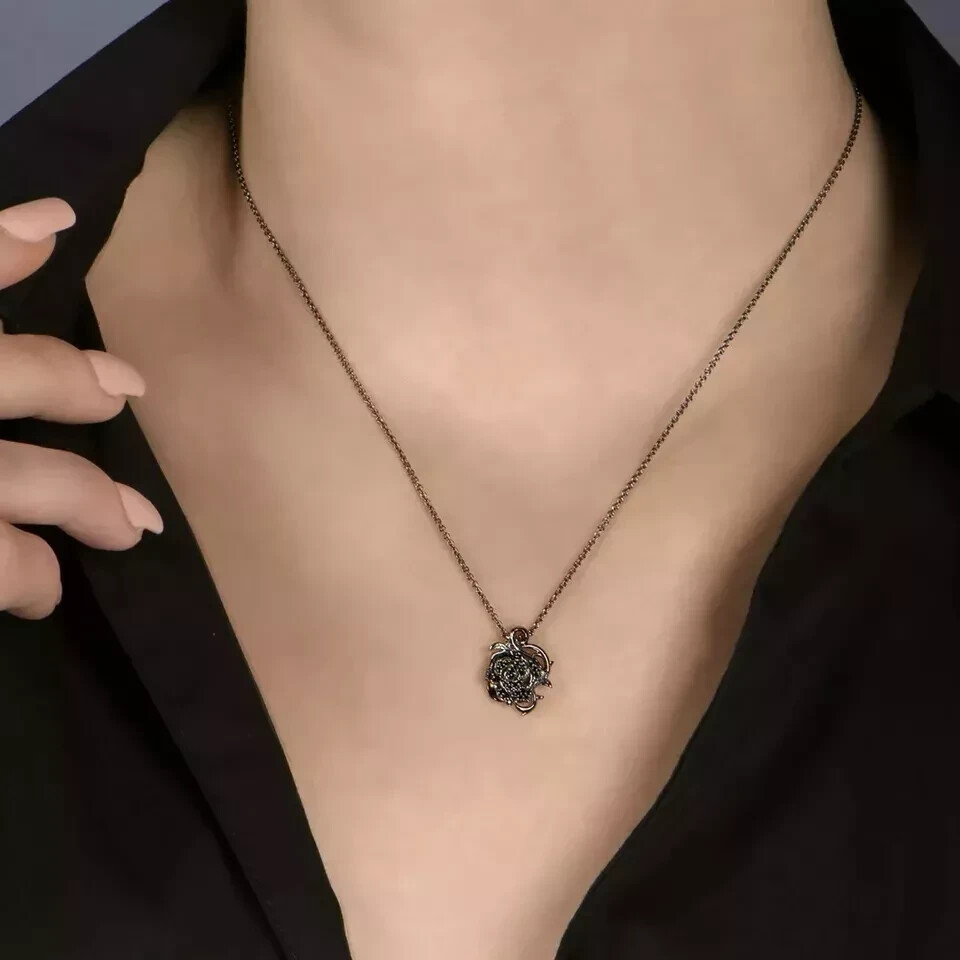 Black Simulated Diamond 925 Silver Women 18mm Maleficent Rose Pendant Necklace