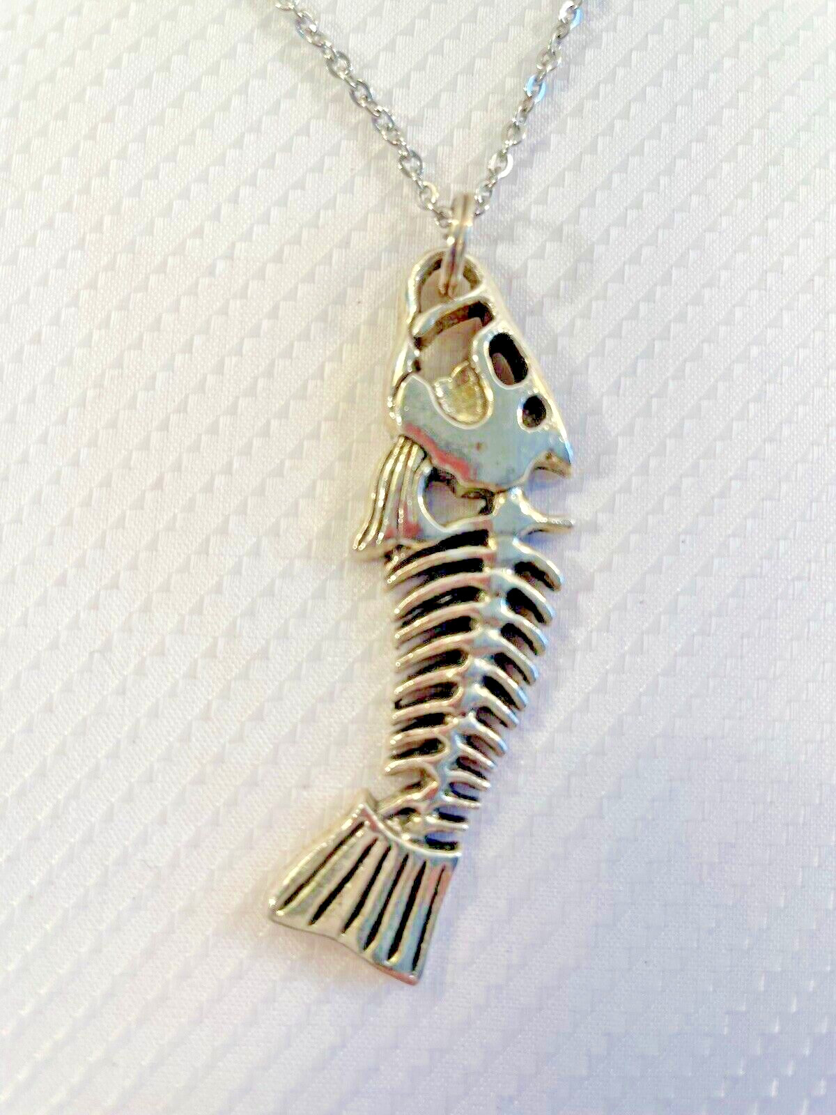 Fish Bone Silver Pendant Necklace 20” Stainless Chain Coastal Sea Jewelry NEW