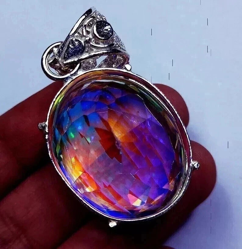 55 CT+ Rare Rainbow Fir Mystic Topaz Pendant Solid 925 Sterling Silver Plated
