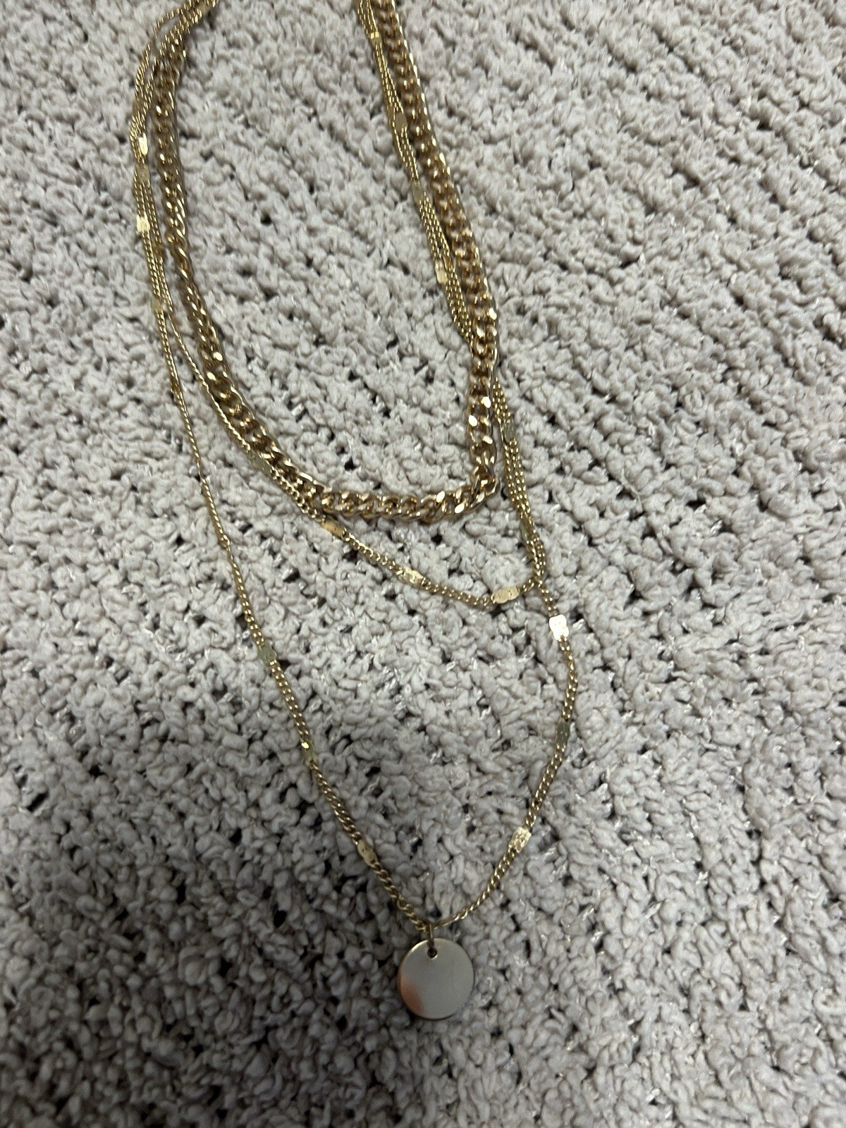 Gold Tone Layered Chain Pendant Necklace No Stones Round Charm Undated Era