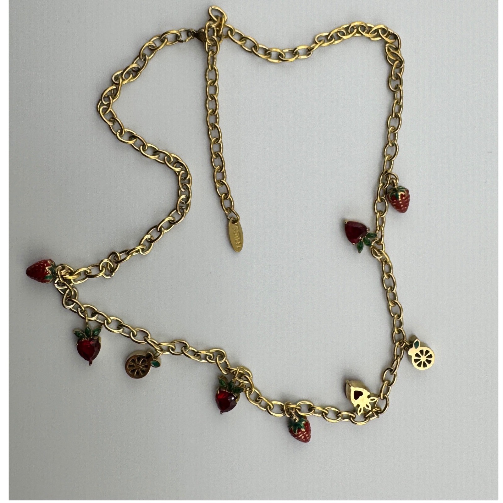 Gold Tone Strawberry Citrus Fruit Charm Chain Necklace Red Crystal