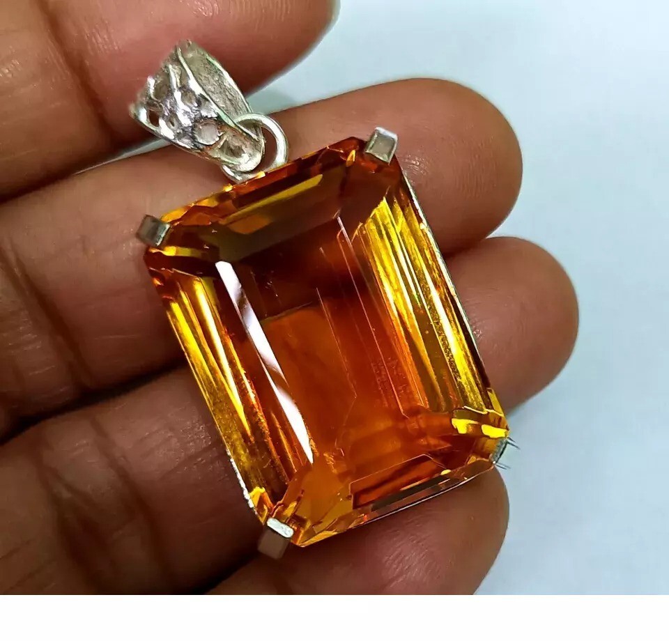 Natural Emerald Cut Yellow Citrine 94 Ct 925 Solid Sterling Silver Pendant Gem