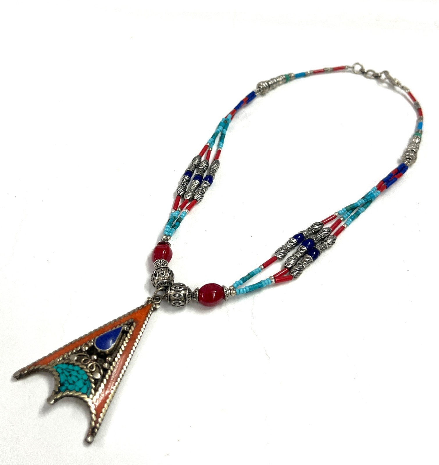 Antique Coral Turquoise Gemstone Tibetan Style Necklace Jewelry, 17 Inch Adjs
