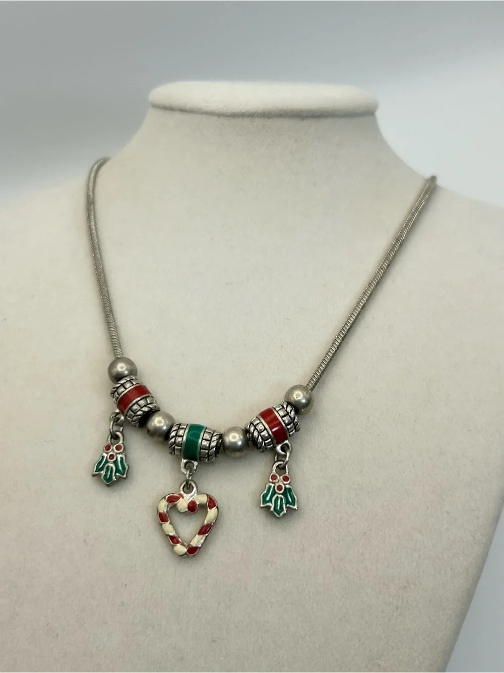 Cookie Lee Holiday Charm Necklace Red Green Silver-Tone Candy Cane Heart 18″ VTG