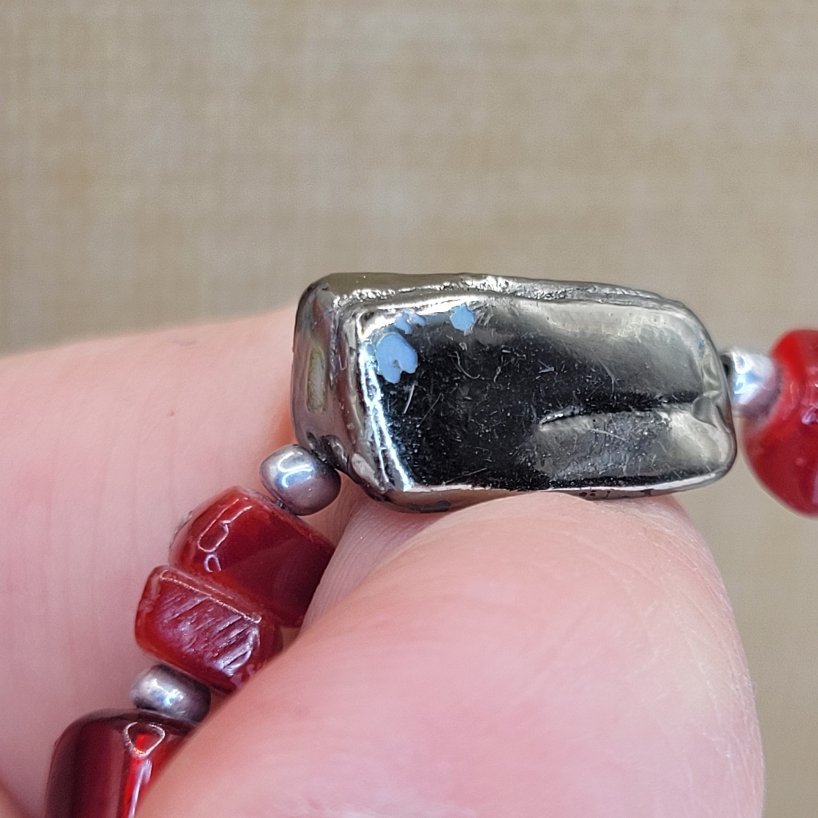 Long Layered Red Glass and Black Grey Hematite Tone Bead Necklace