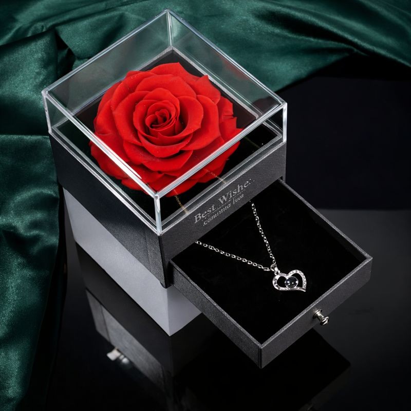 Valentine’s Day Necklace Gift, Heart Pendant with Preserved Red Rose Gift Box