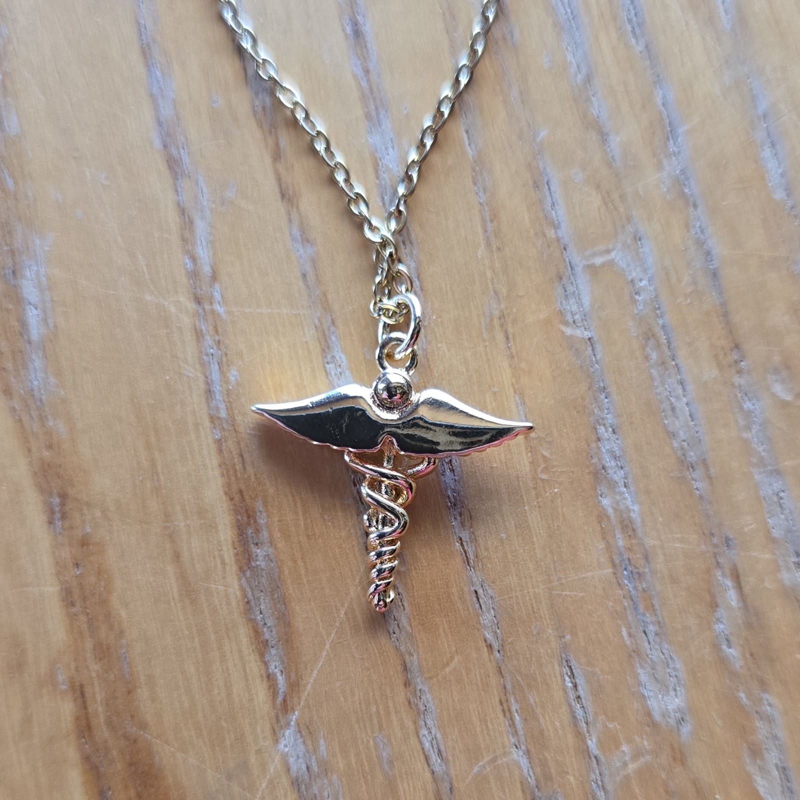 Gold Tone Medical Caduceus Charm Pendant Cable Chain Necklace Spring Ring