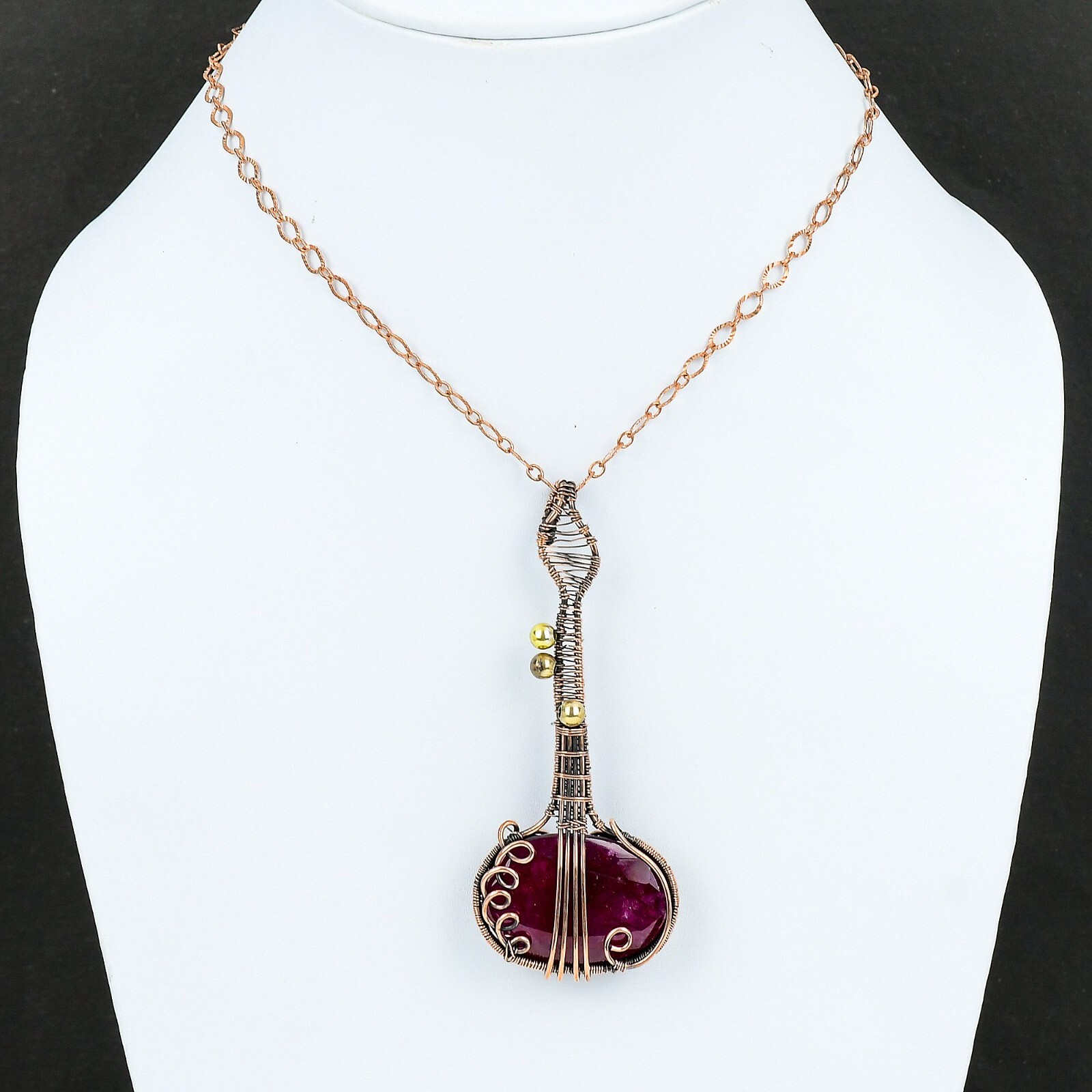 Gift For Her Copper Gemstone Jewelry Handmade Wire Wrapped Guitar Pendant 3.62″