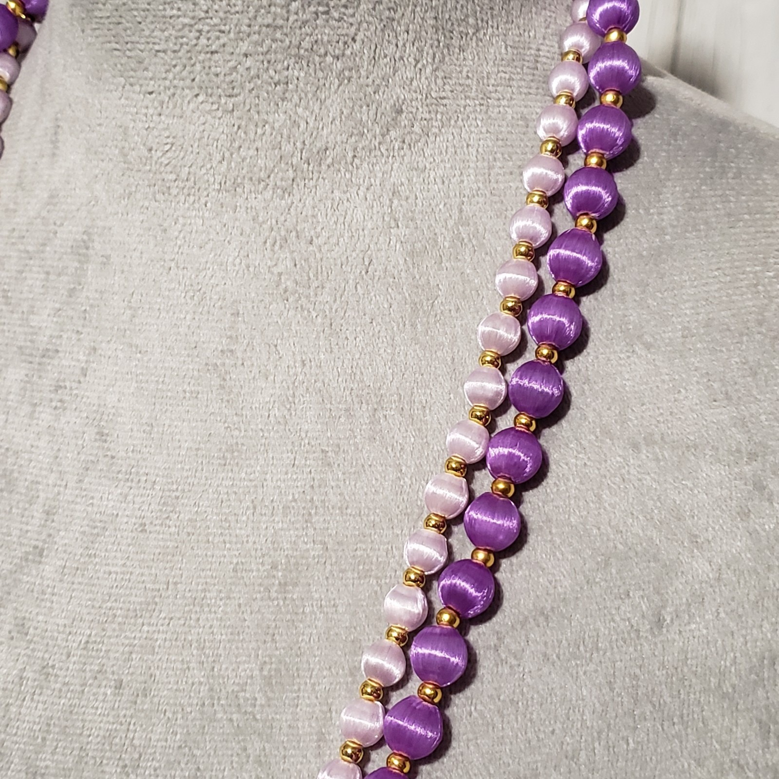 Vtg Bead Necklaces Set of 2 Purple Silk Satin Wrapped Boho Coquette Retro Fairy