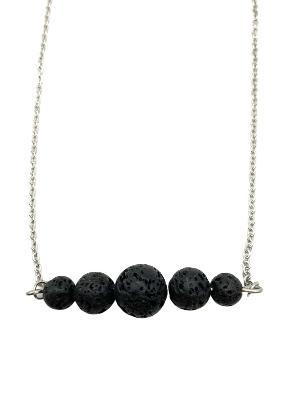 Black Round Nature Lava Rock Graduated Beads Aromatherapy Pendant Necklace 20″