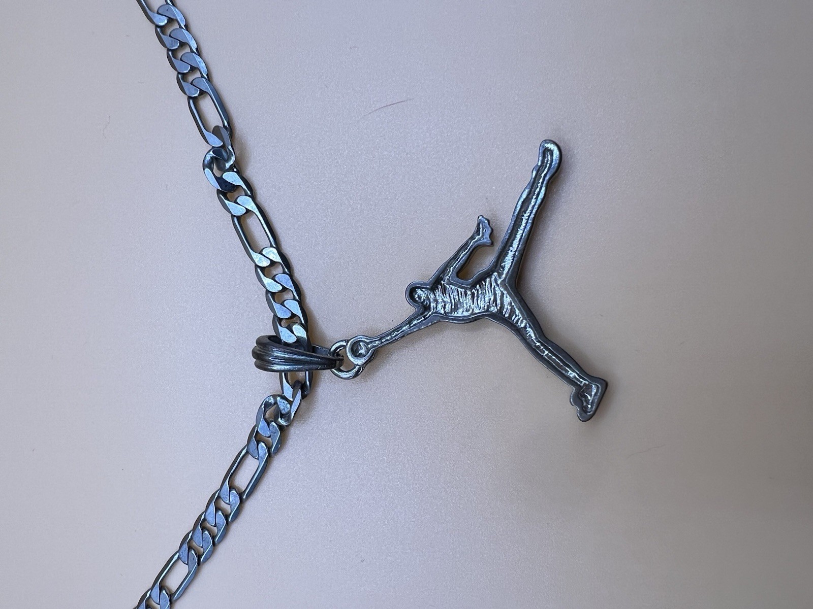 Silver Tone Stainless Steel Figaro Chain Necklace, Clear CZ Sports Charm Pendant