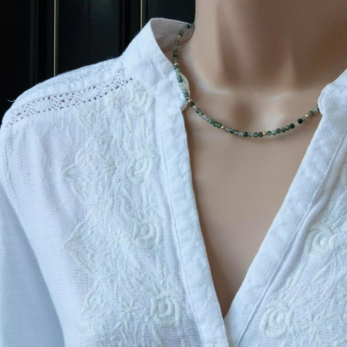 Minimalist Natural Moss Agate Choker Healing Energy Green Beads Dainty Necklace