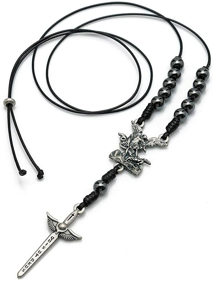 St Michael Catholic Necklace Black Hematite Beads 18″ Men Women Silver Brazil