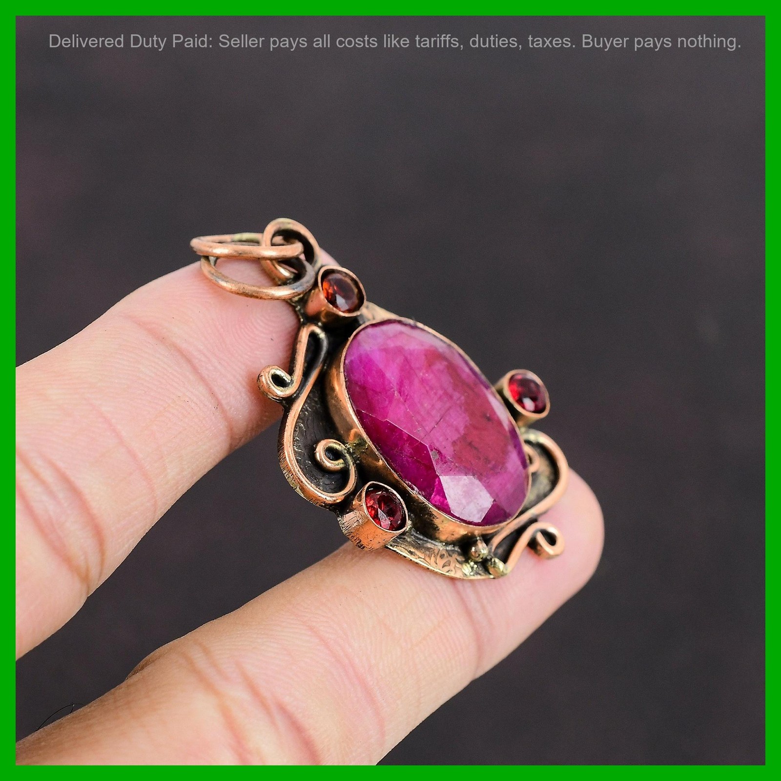 Copper Kashmir Rubi Stone Mozambique Garnet Handcrafted Bezel Birthday Pendant