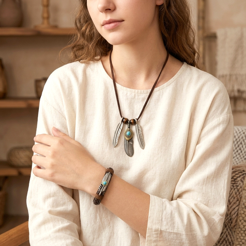 2pcs Niche Feather, Necklace Bracelet Hip Hop Ethnic Retro Style Unisex Jewelry