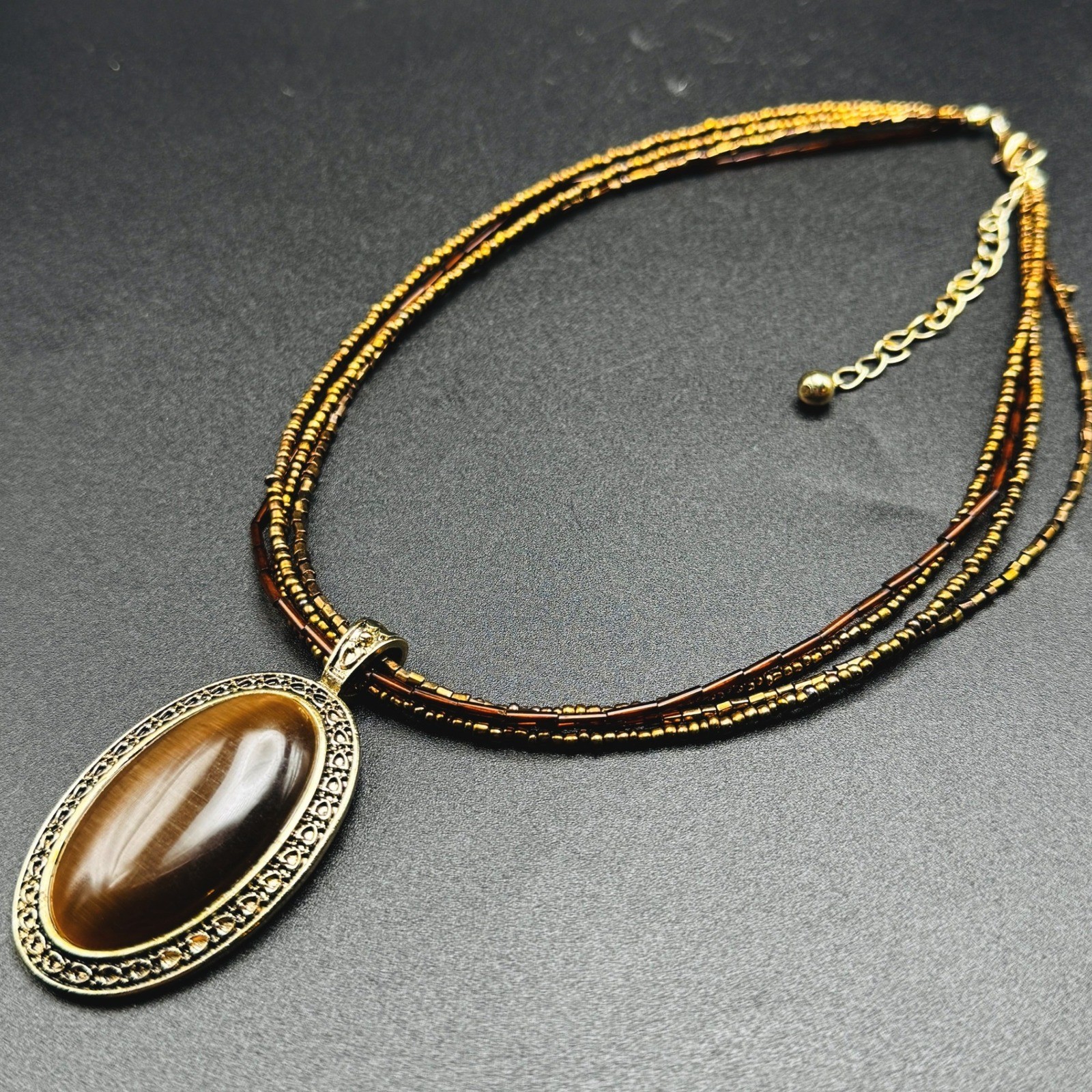 Brown Cats Eye Pendant Multi Strand Seed Bead Necklace Bronze Gold Boho Bohemian