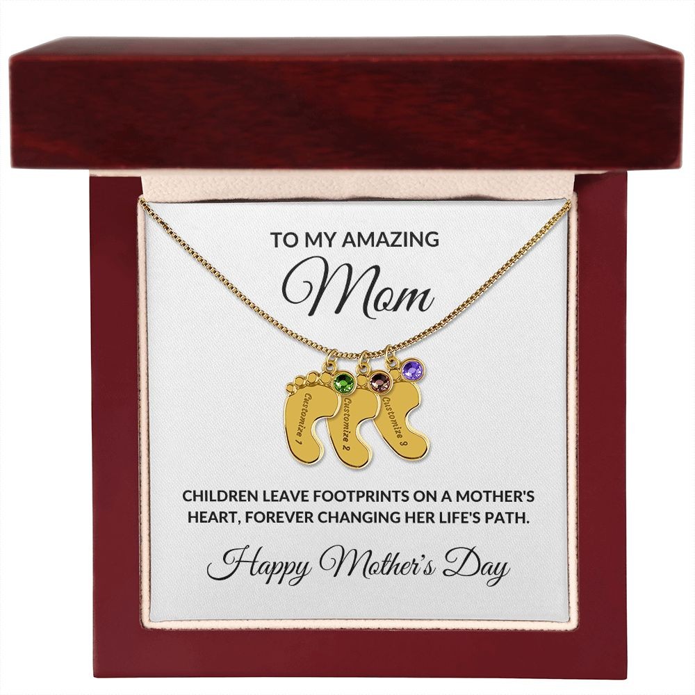 Mother’s Day Personalized Engraved Birthstone Necklace Baby Feet Gift for Mom