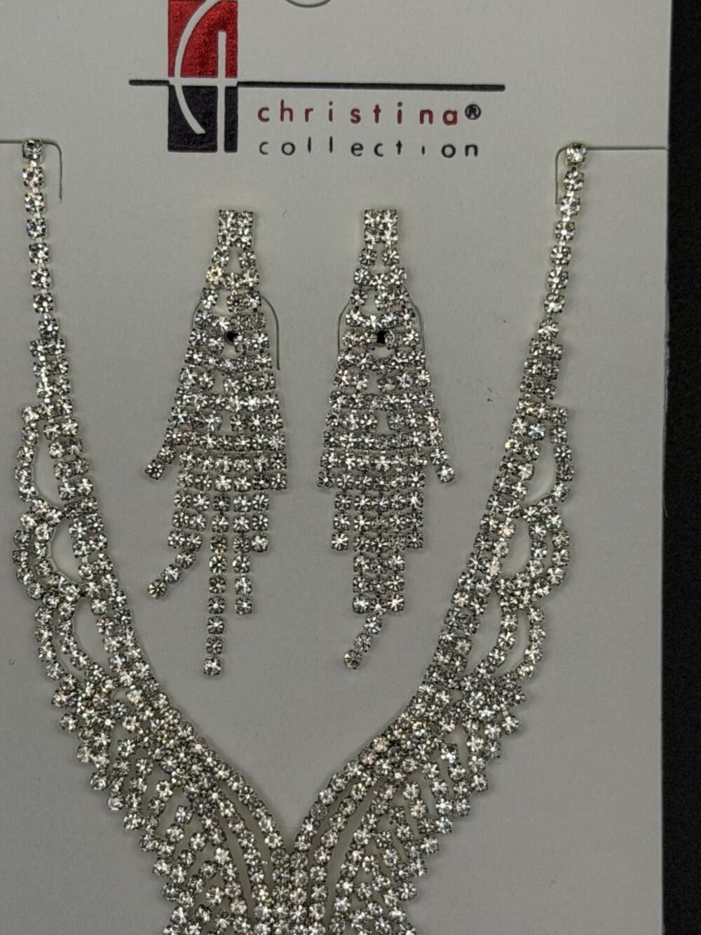 Christina Collection Silver Tone Rhinestone Fringe Statement Necklace & Earrings