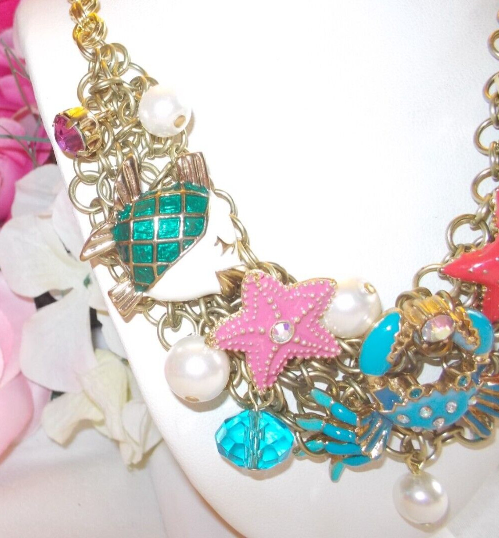 BETSEY JOHNSON LOVELY SEA LIFE CRYSTAL AND ENAMEL MULTICHARM STATEMENT NECKLACE