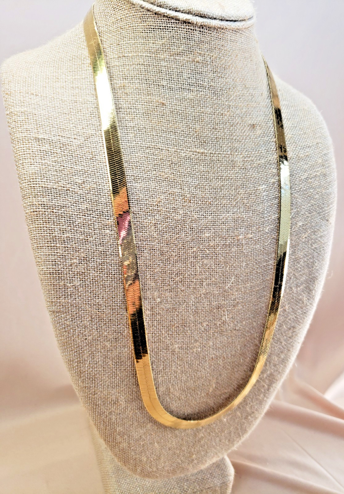 14K Gold Plated Wide Herringbone Chain Necklace 30″ 9 mm Signed Vision 14K GL