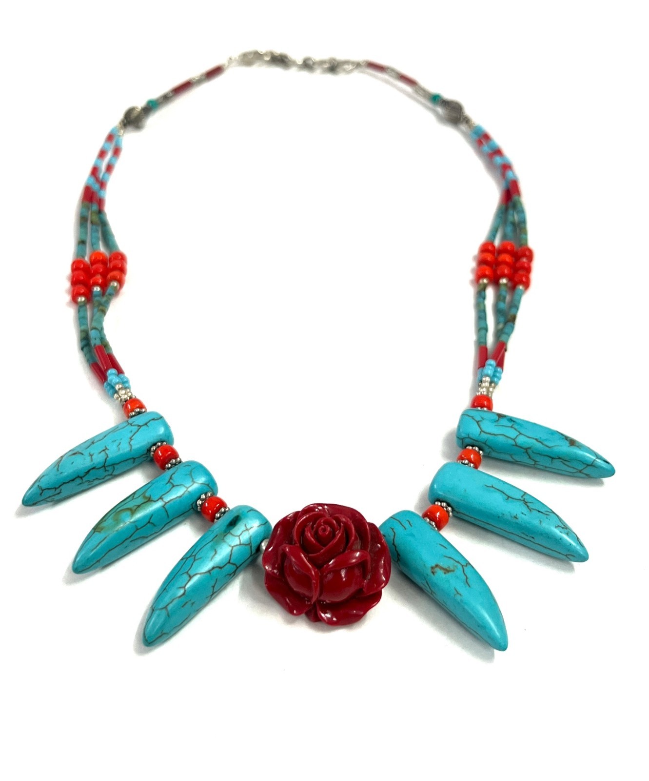 Coral Turquoise Gemstone Tibetan Tradional Necklace Jewelry, 18 inch Adju