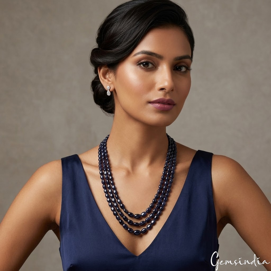 Natural Dark Blue Sapphire Oval Beaded 3 Strand Adjustable Necklace Jewelry 22″