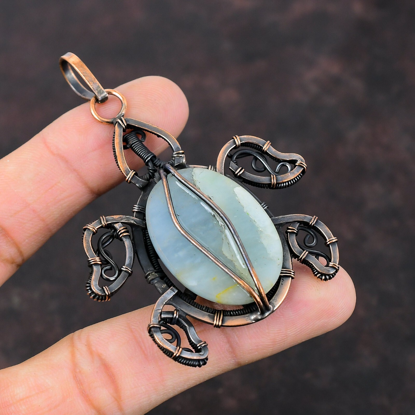 Aquamarine Wire Wrapped Tortoise Pendant Handcrafted Copper Gift Jewelry 2.95″