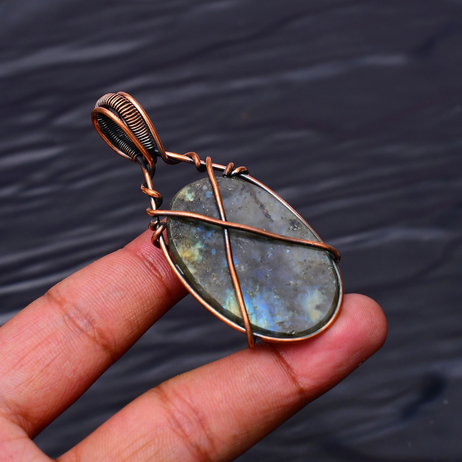 Labradorite Gemstone Copper Wire Wrapped Handmade Jewelry Pendant 2.48″