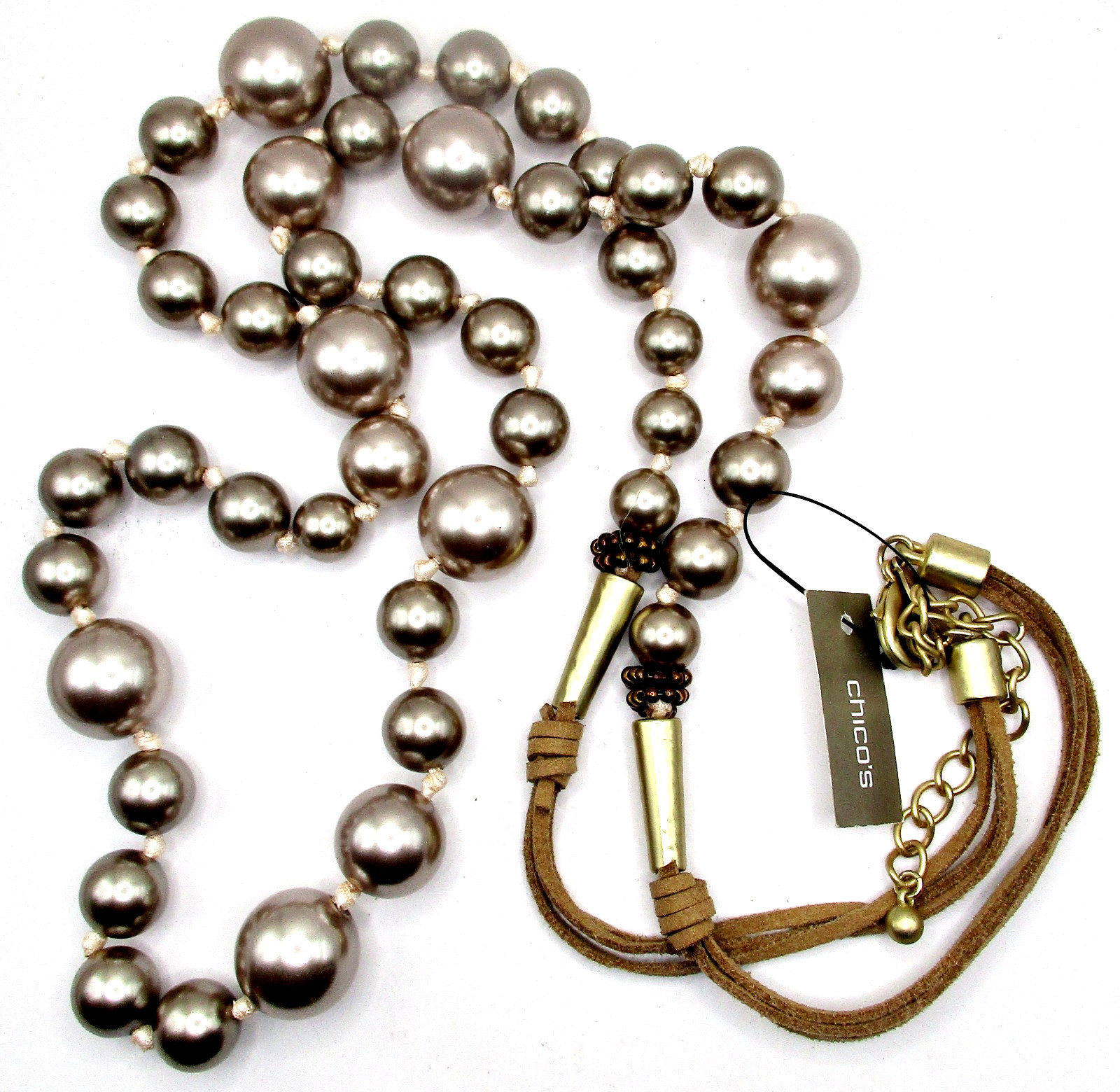 NWT$59 Chico’s Isabel 52″ Strand Deep Champagne Faux Pearls & Leather Necklace