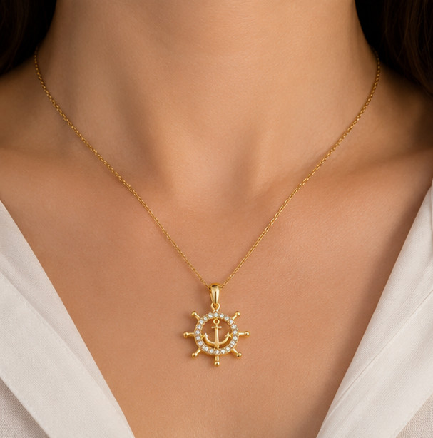 1.25Ct Simulated Diamond Anchor Wheel Pendant Necklace 14K Yellow Gold Plated