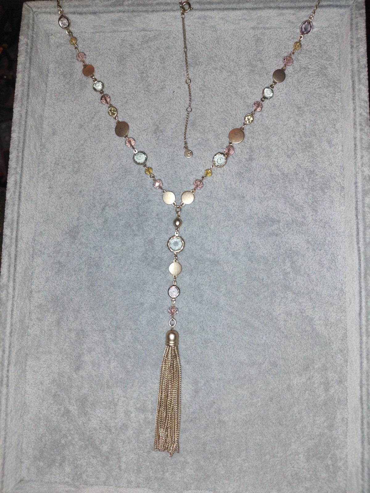 Vintage Loft goldtone and Pastel Green,Yellow, Pink Stones ,Gold tassel Necklace
