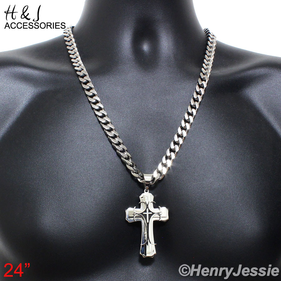 24″MEN Stainless Steel 9mm Silver Cuban Curb Chain Necklace Cross Pendant*H2