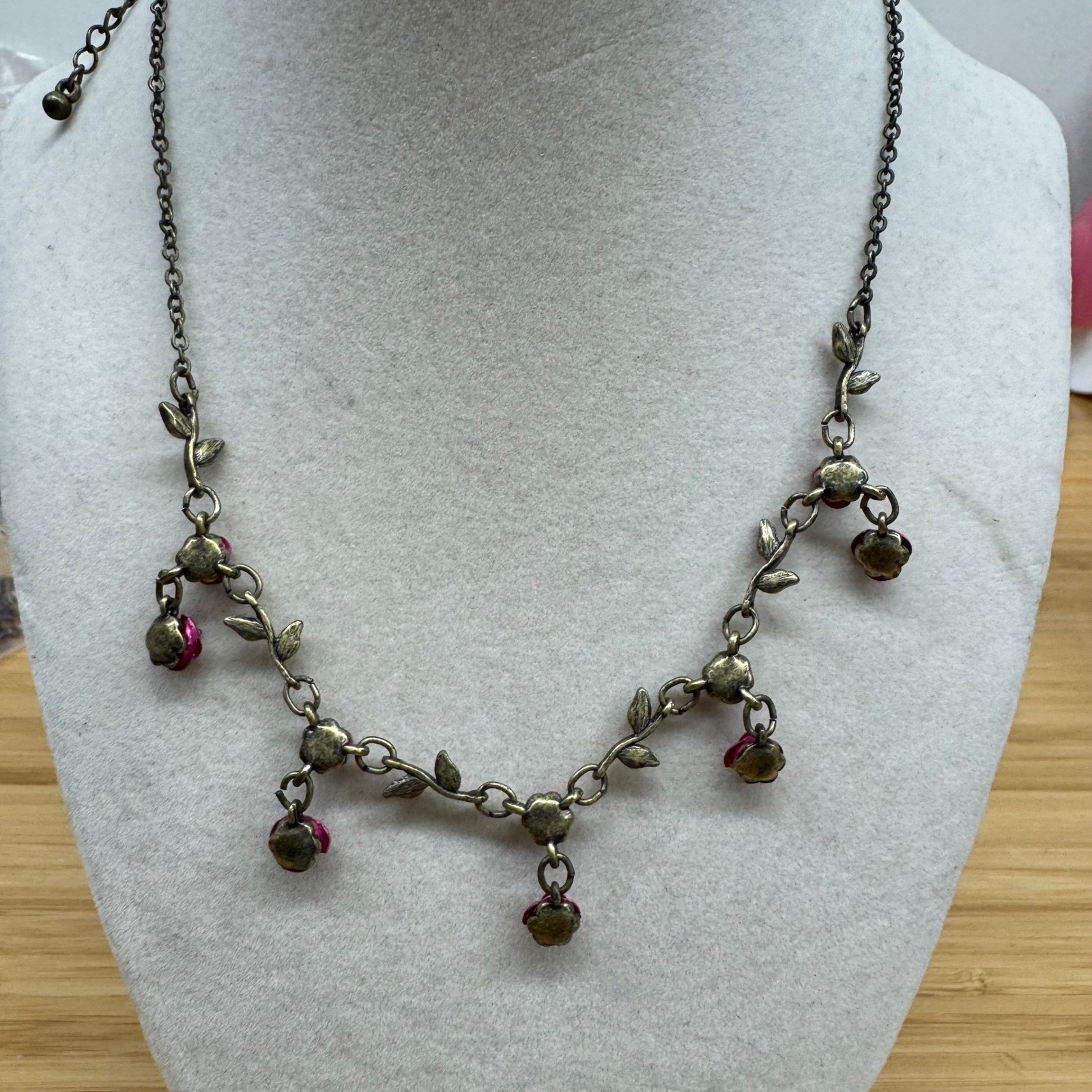 Vintage Style Antique Brass Magenta Rose Vine Rhinestone Floral Drop Necklace