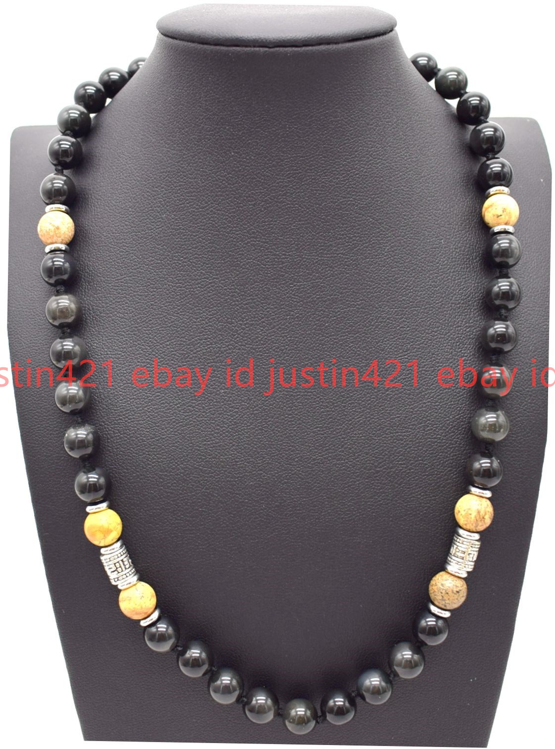 Natural 8mm Black Obsidian Picture Jasper Gemstone Round Beads Necklace 16-28in