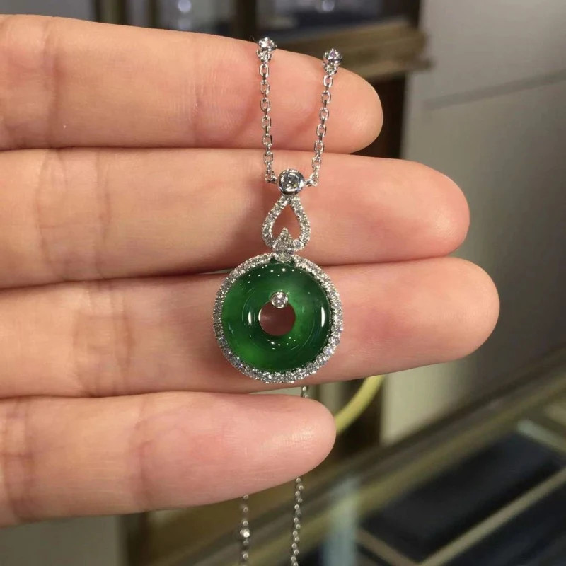 Natural Hetian Chrysoprase Pendant Inlaid Crystal Vintage Chinese Style Necklace