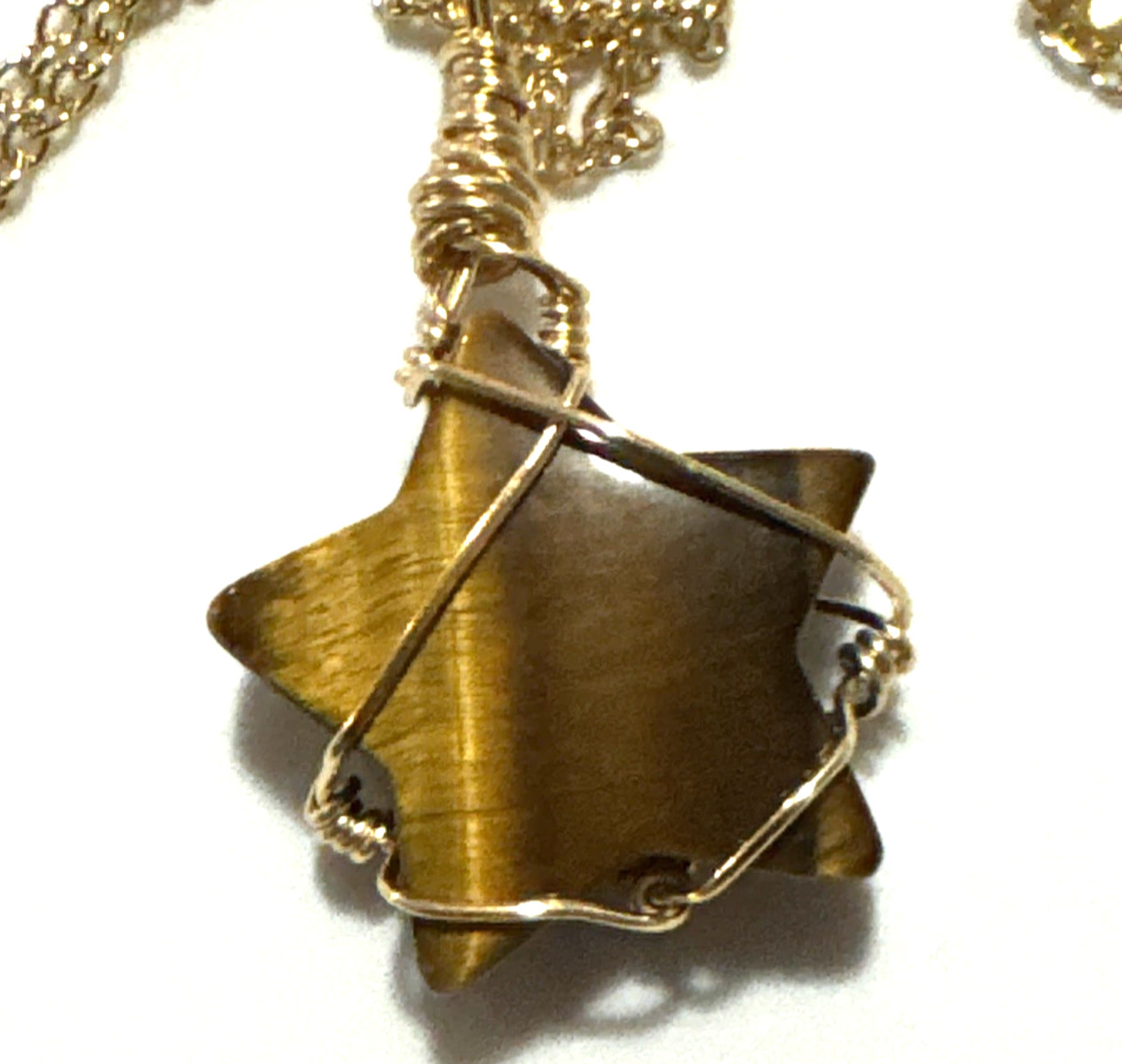 Tigers Eye Star Pendant Necklace Jewelry Gold Tone Chain Genuine Stone Handmade