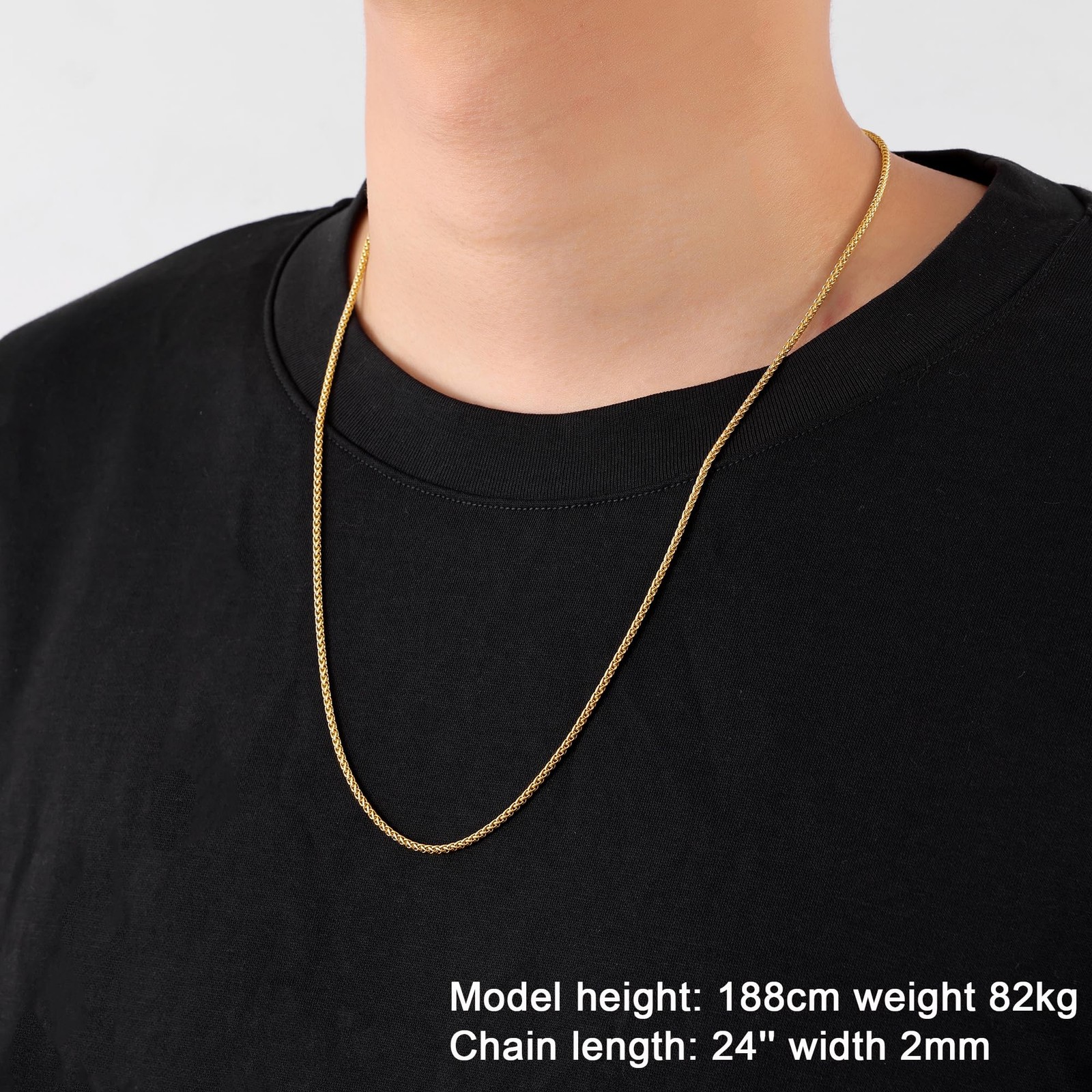 14K Gold Plated Wheat Chain Necklace for Men, 2mm 14K Gold Plated Stainless S…