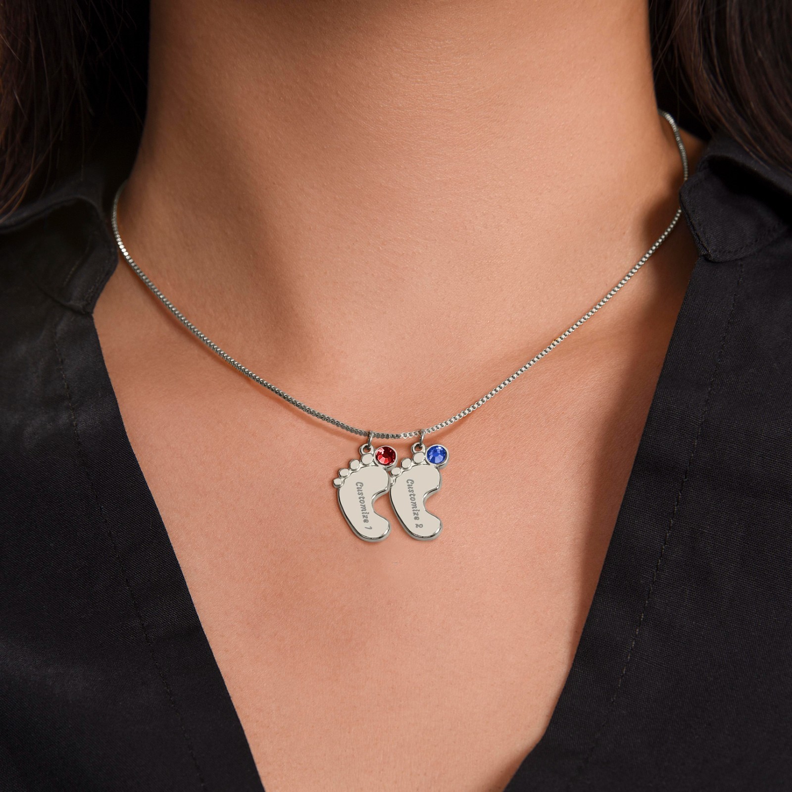 Personalized Baby Feet Necklace Birthstone Engraved Mom Grandma Gift Silver Gold