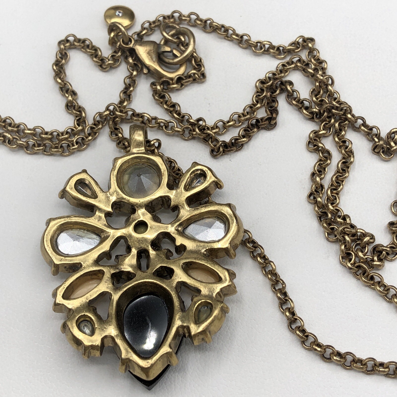 J CREW Pendant Necklace Neutral Crystals Black Clear Tan Antique Gold Tone w Bag