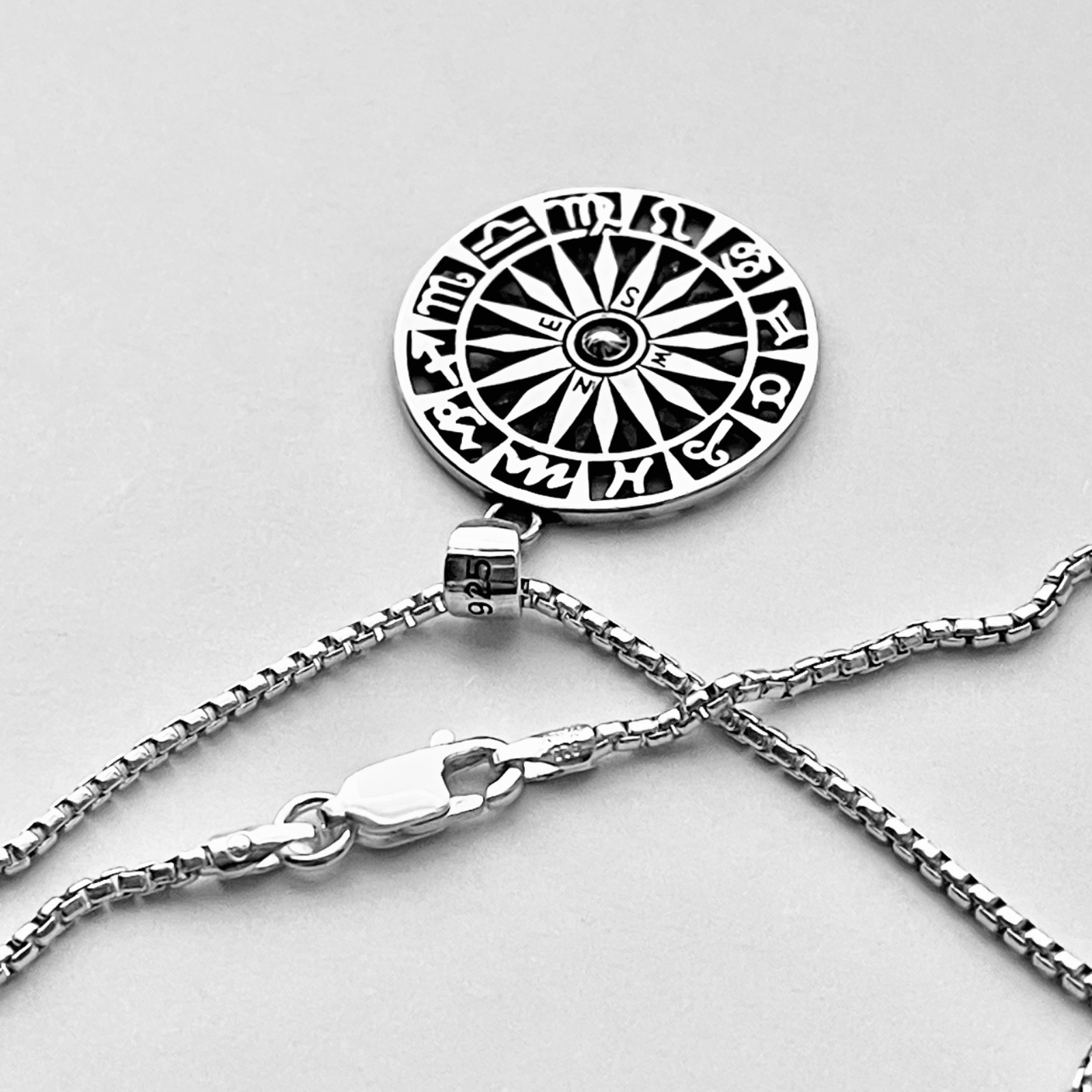 Sterling Silver Unisex Zodiac Wheel and Compass Necklace, Zodiac Signs Chain