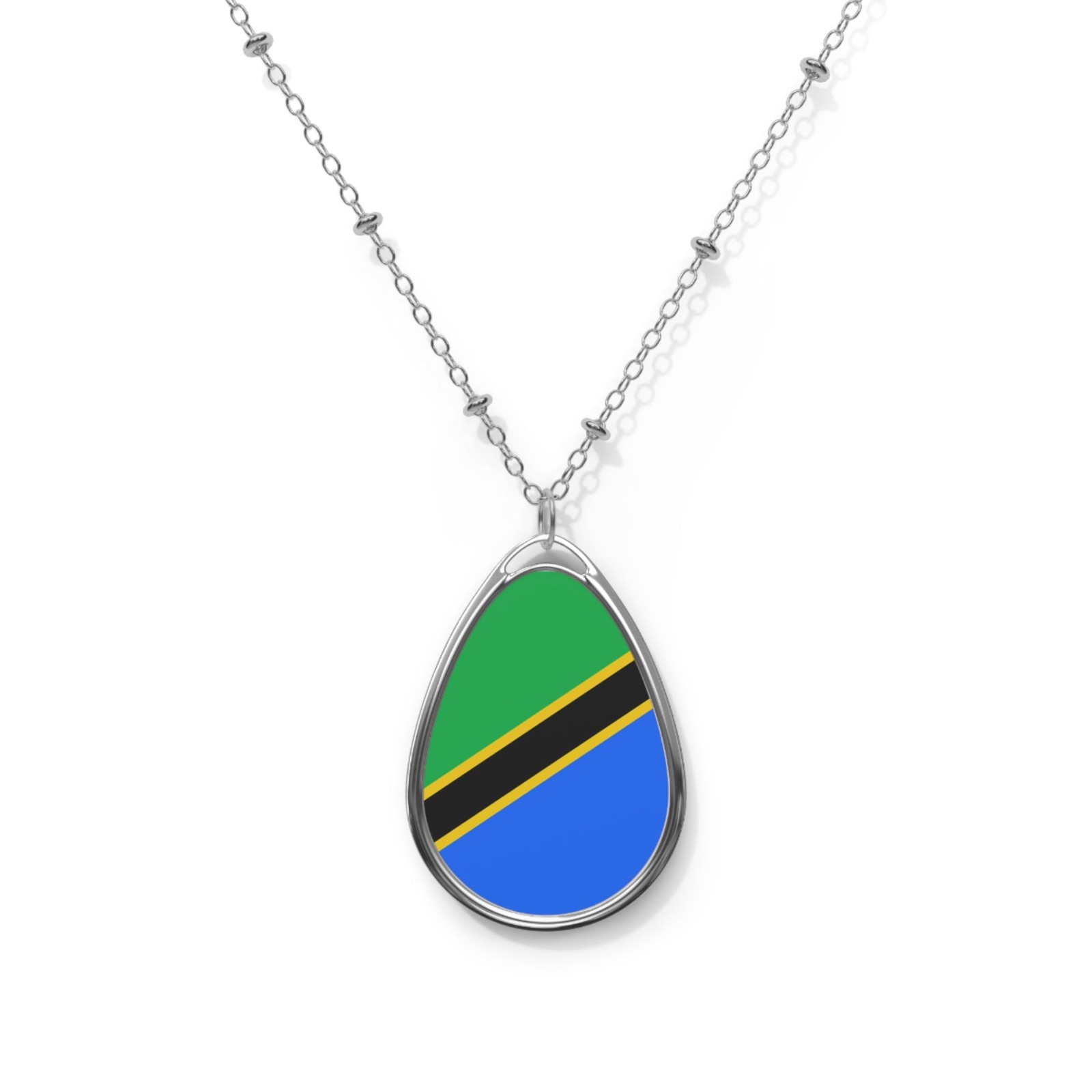 Tanzania Flag Oval Necklace – Zinc Alloy Pendant – One Size / Silver