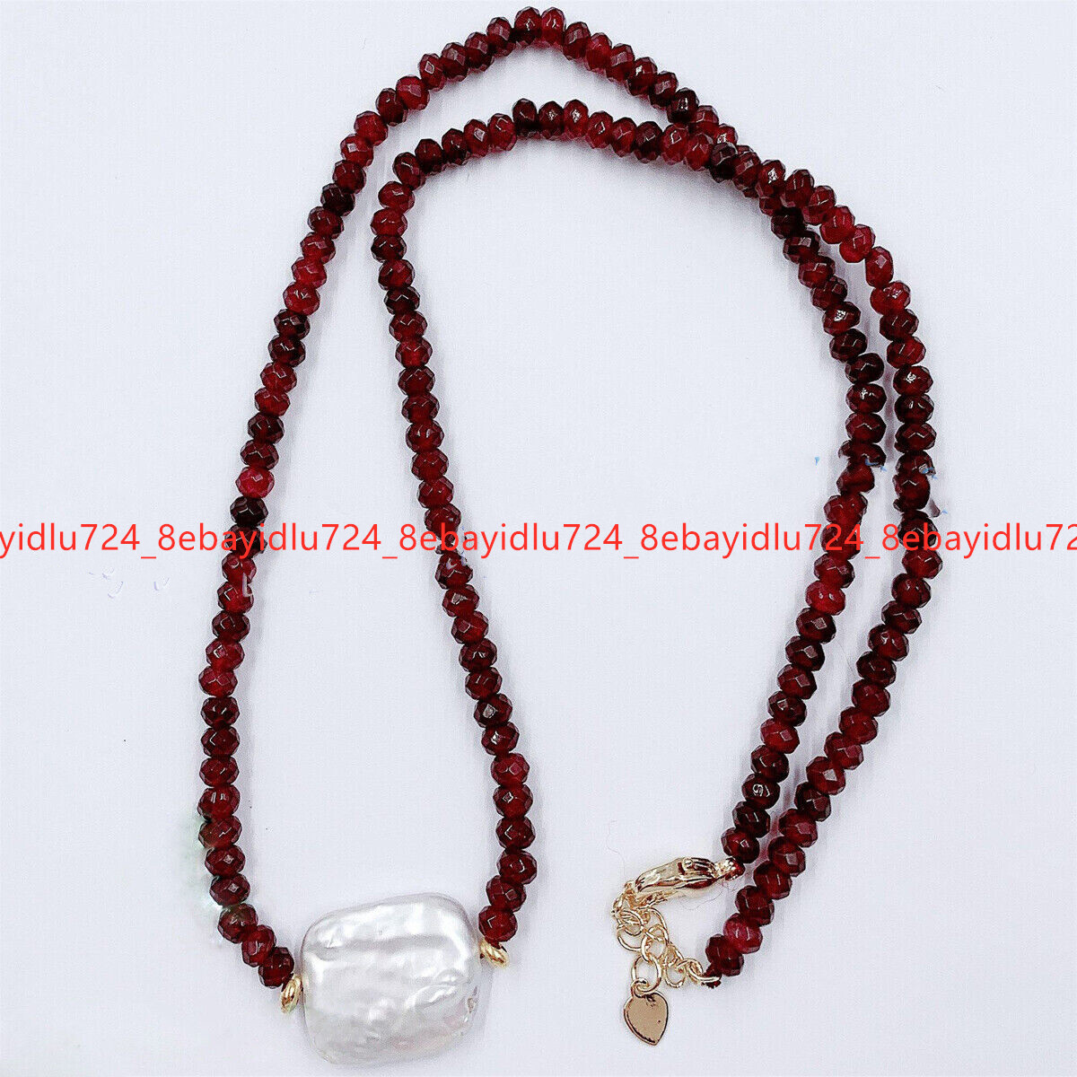 Faceted 2x4mm Red Garnet Natural 15x20mm White Baroque Pearl Pendant Necklace