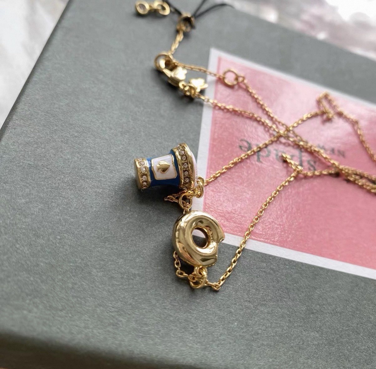 Kate Spade Coffee Break Donut And Coffee Cup Charm Pendant Necklace. New