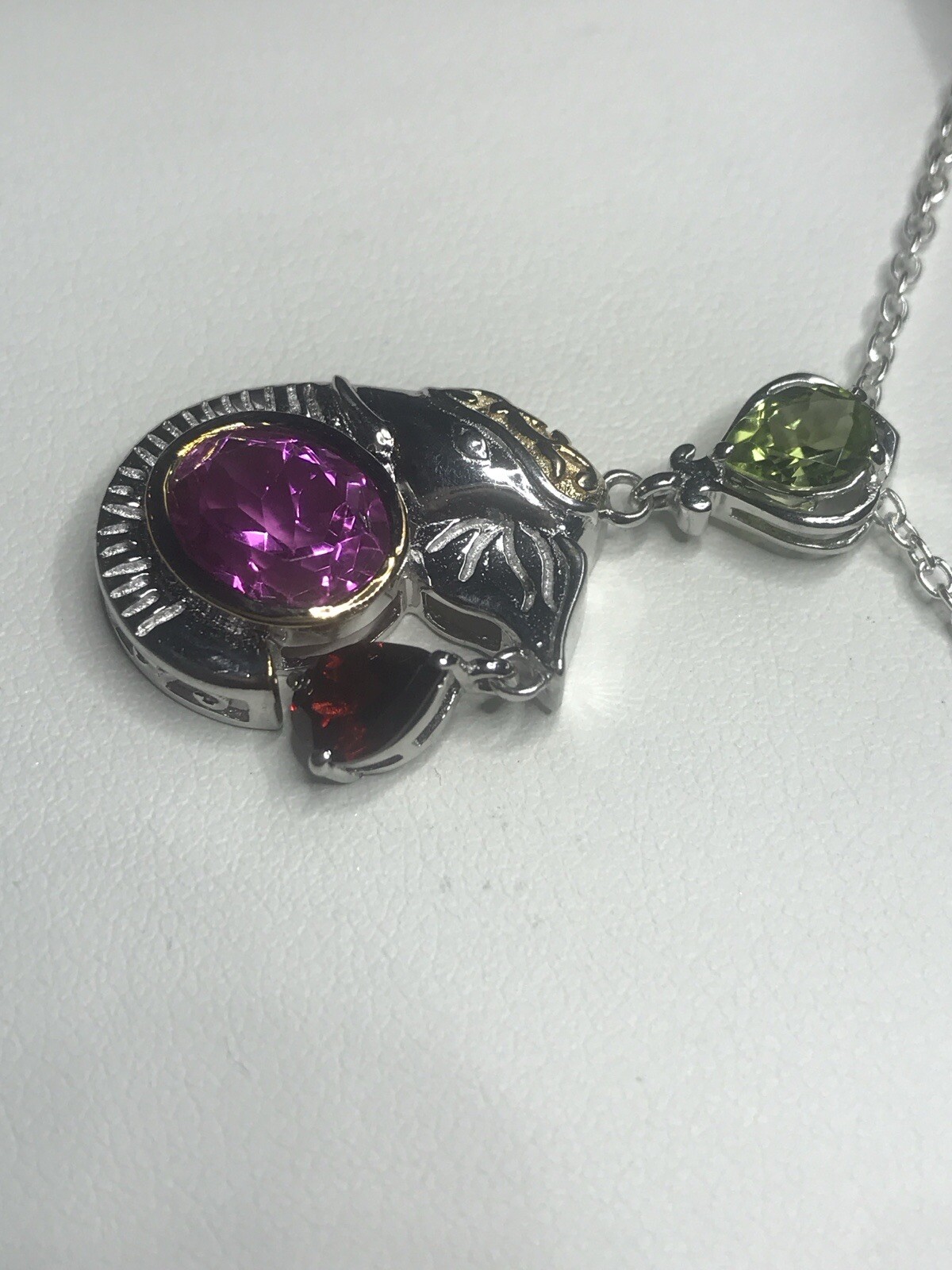 Gold And Silver Plated Elephant Profile Pend With Multi Color Stones & 20” Chain