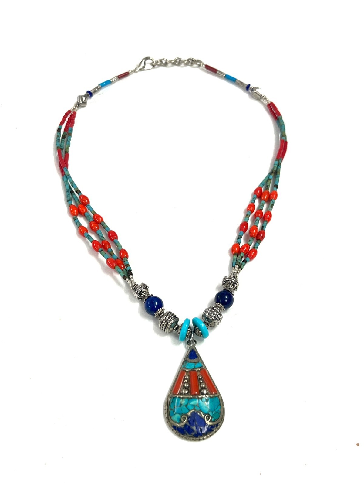 Antique Coral Turquoise Gemstone Tibetan Art Deco Necklace Jewelry, 18 inch Adju