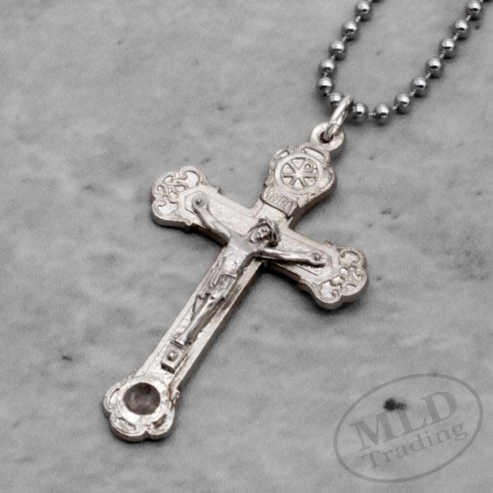 Relic Crucifix Pendant Necklace w Roman Catacombs Dirt Silver Plate Cross Italy