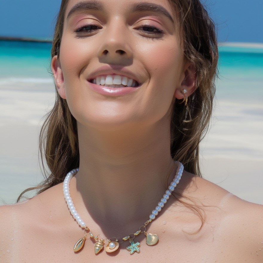 Pearl Necklace Gold Seashell Starfish Charm Choker Boho Beach Women Gift